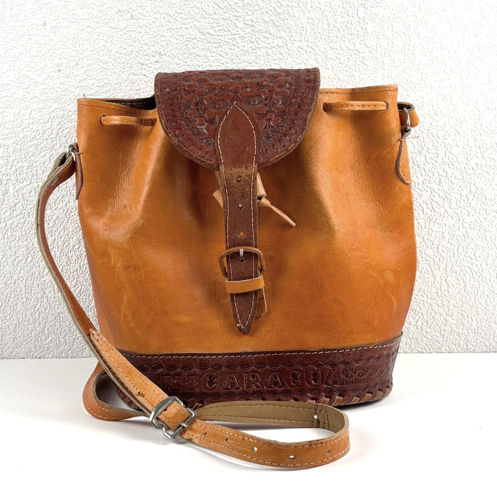 Tooled Leather Bucket Bag Womens Medium Tan Nicaragua Boho Artisan Western